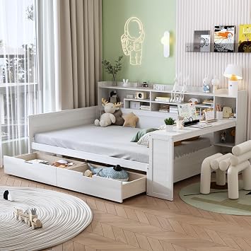 Full Size Wooden Daybed with Storage Shelves, Multi-Functional Daybed with Two Storage Drawers and Study Desk Antique White, with Drawers, Full