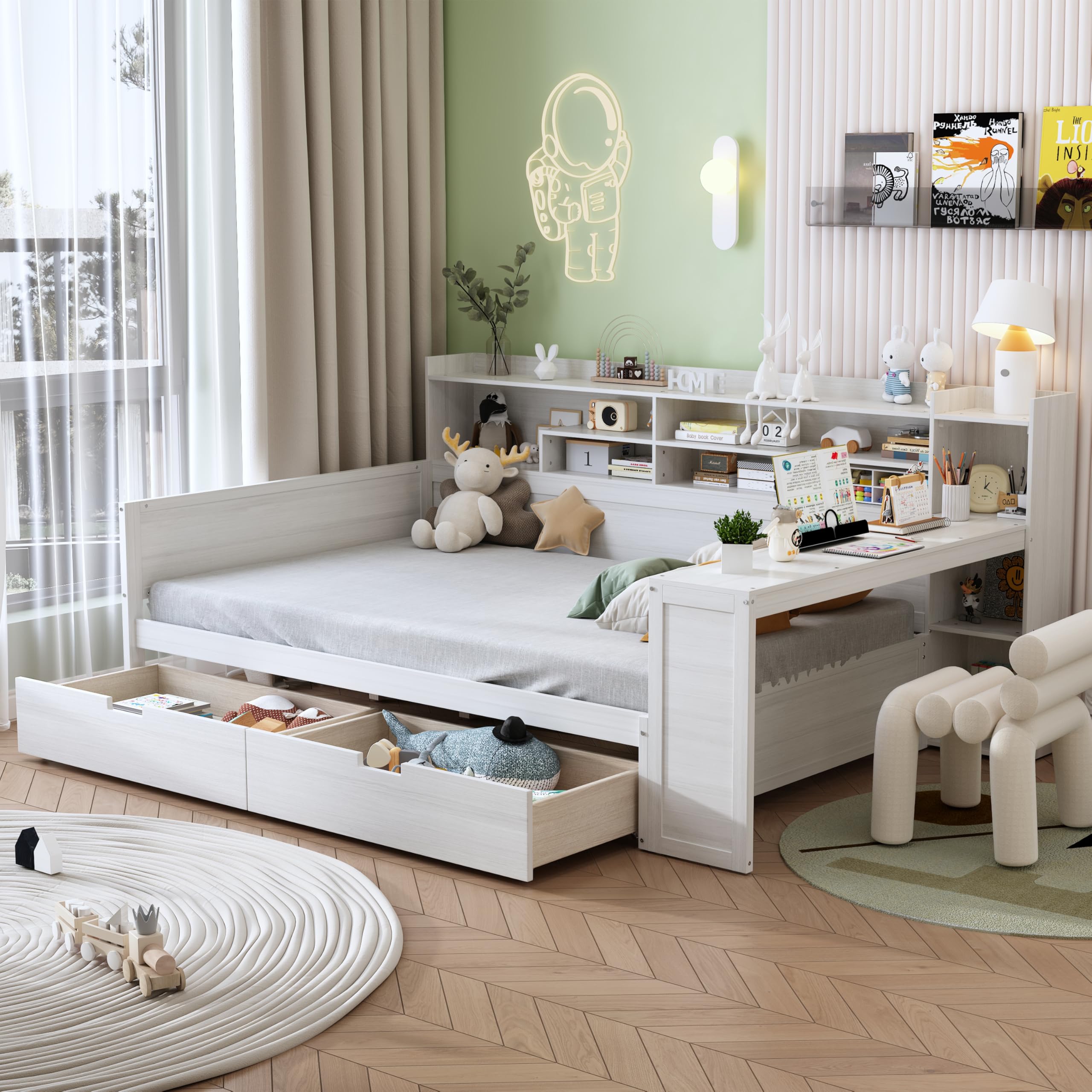 Full Size Daybed with Storage Shelves, Corner Bed Frame with Built-in Desk and 2 Under Bed Drawers, Wooden Platform Bedframe for Living Room & Guest