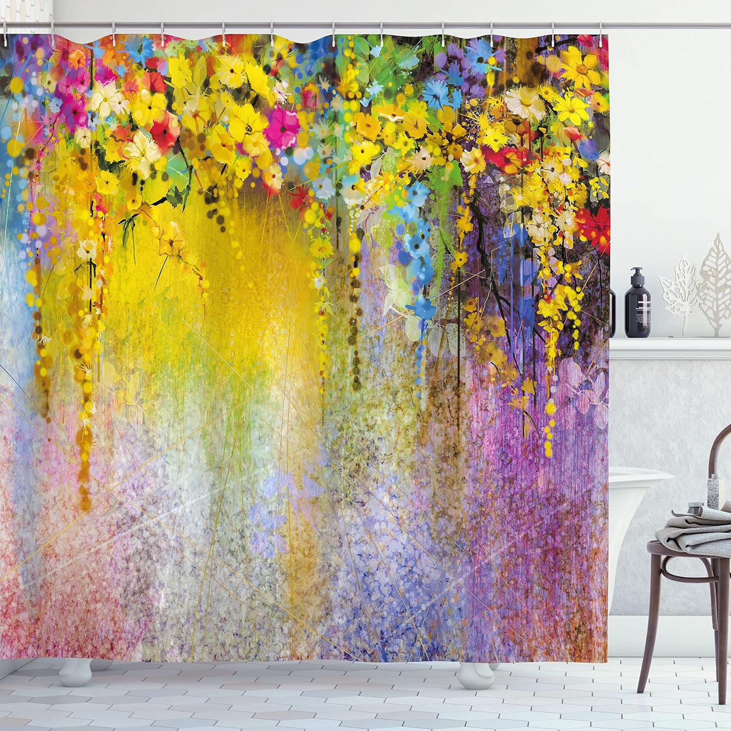 Ambesonne Flower Shower Curtain, Abstract Herbs Alternative Medicine Blossoms Ivy Back Florets Shrubs Design, Cloth Fabric Bathroom Decor Set with Hooks, 69" W x 84" L, Yellow Lilac