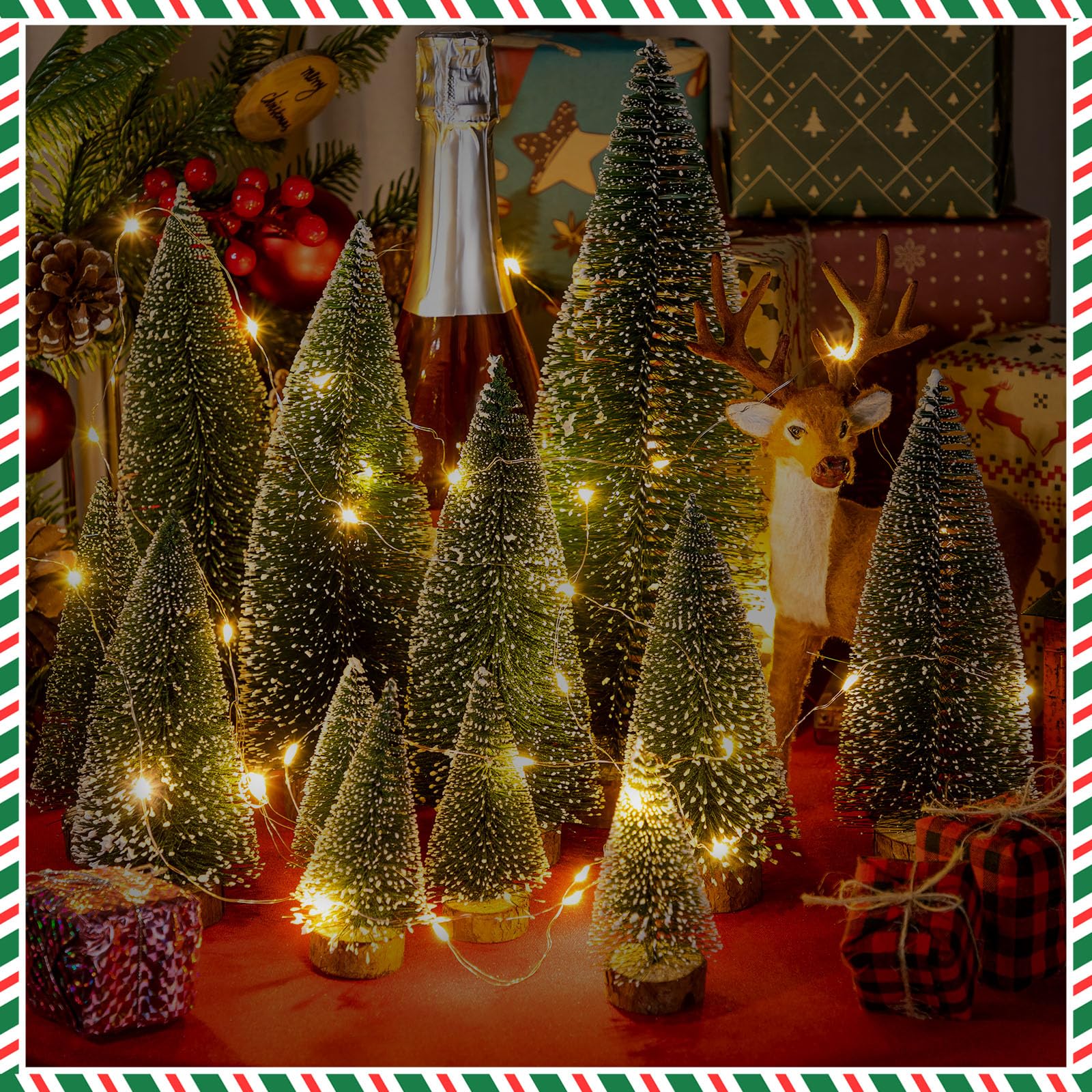 Lenwen 18 Pack Bottle Brush Christmas Trees with 6 LED Lights 11.8'' 5 Size Christmas Pine Trees with Wooden Bases Miniature Tabletop Tree Decor for Home Christmas Party Decoration(Green)