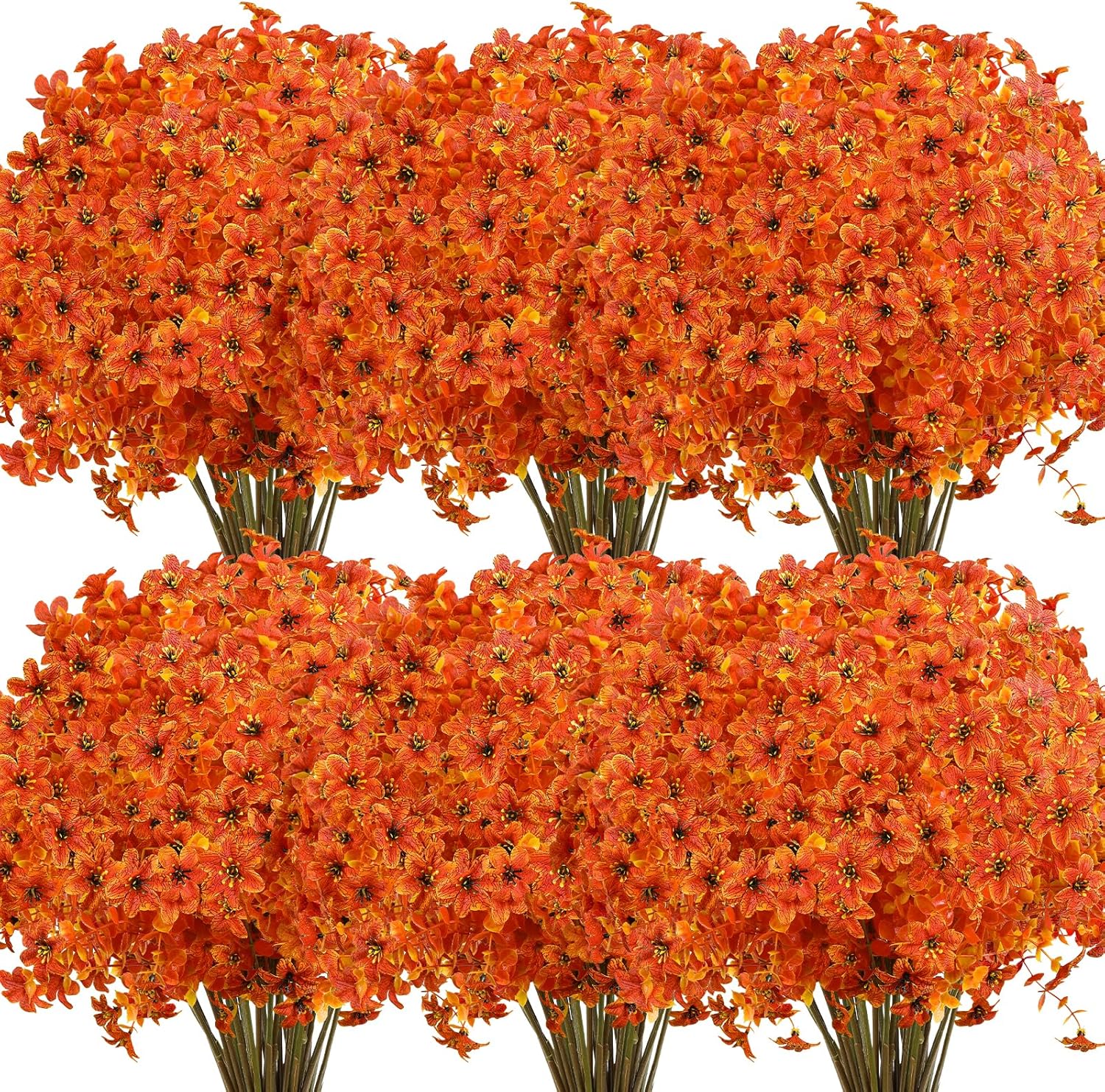 shareconn 40 bundles artificial fall flowers for outdoors decoration, fake silk daisy realistic faux plants uv resistant for planter home porch patio autumn indoor outside decor, sunset red orange 40 sunset red orange