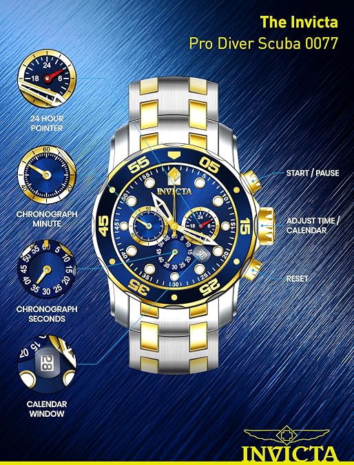 Invicta Men's Pro Diver Scuba 48mm Two Tone Stainless Steel Chronograph Quartz Watch, TT/Blue (Model: 0077)