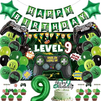 Video Game Birthday Decorations Boys - 38 Pcs Green Level Up 9th Gaming Party Banner Backdrop Foil Balloons Cake Cupcake Toppers Decor Kits For 9 Year Old Party Supplies