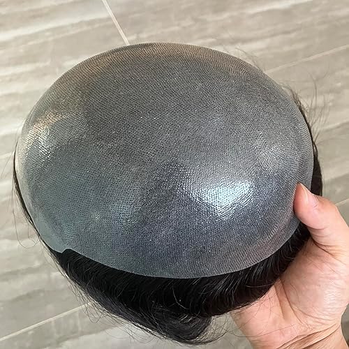 Miniatura 8 de Tupé de poliuretano fino transparente para hombre con bucle en V de 0.002 in, sistema de reemplazo de cabello humano real, tupé para hombres, piel