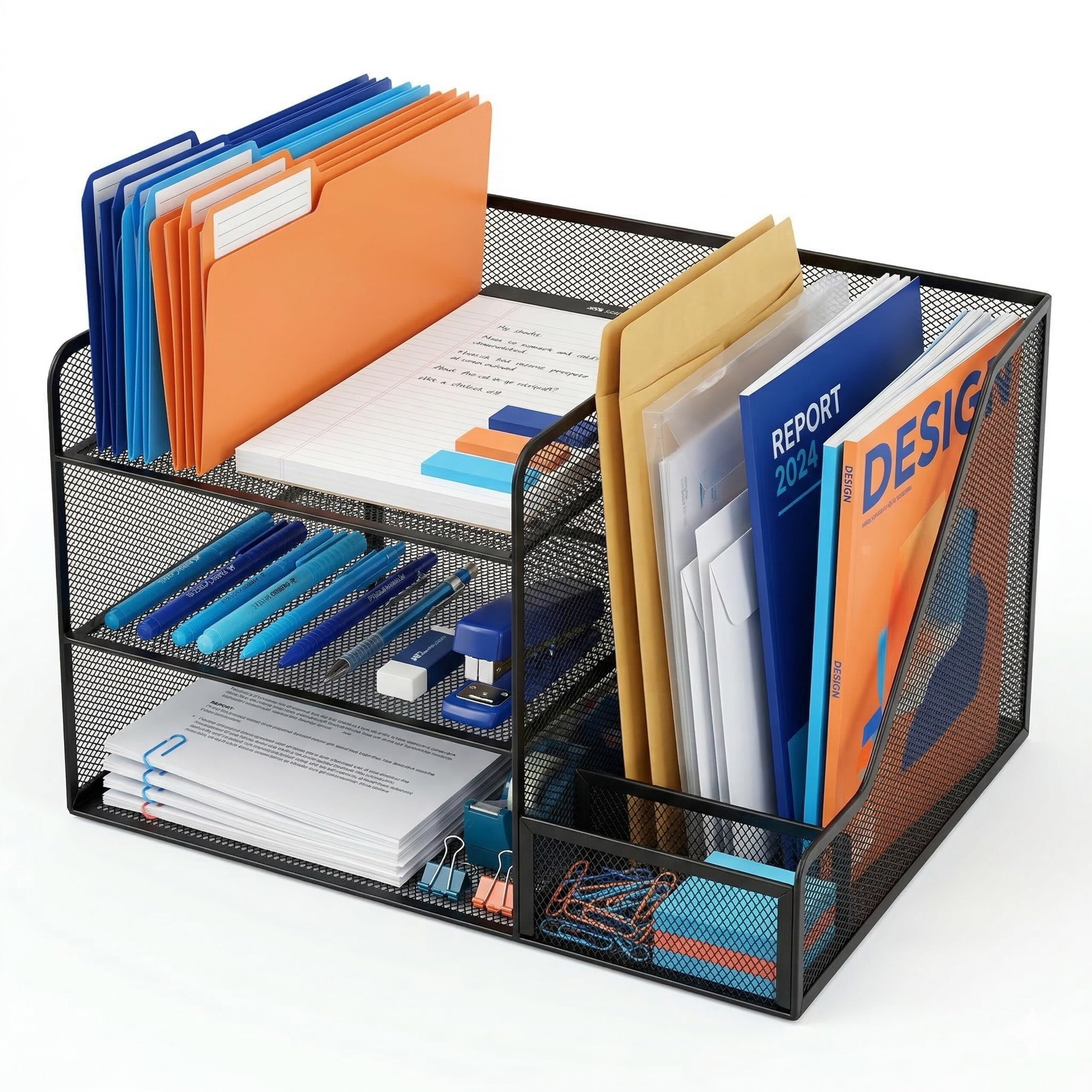 Relaxdays Desk Organiser, 5 compartments, vertical file holder, H x W x D: 23.5 x 37 x 30.5 cm, metal, black