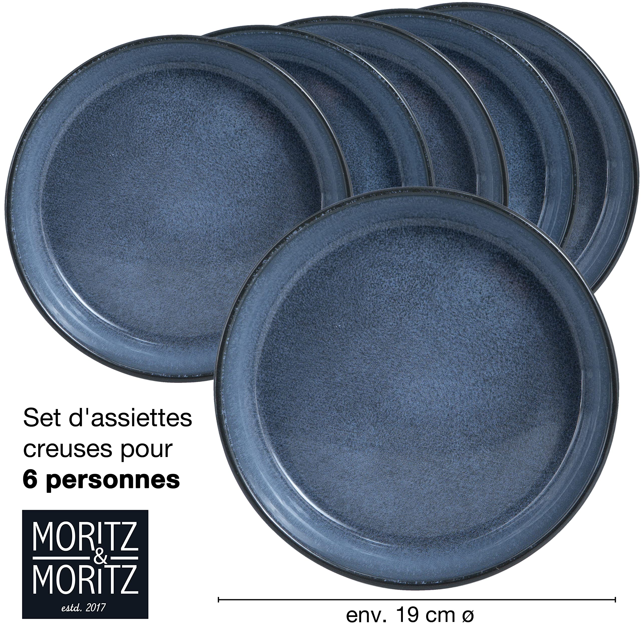 Moritz & Moritz VIDA Lot de 6 assiettes à soupe en porcelaine pour 6 personnes Passe au lave-vaisselle et au micro-ondes Bleu