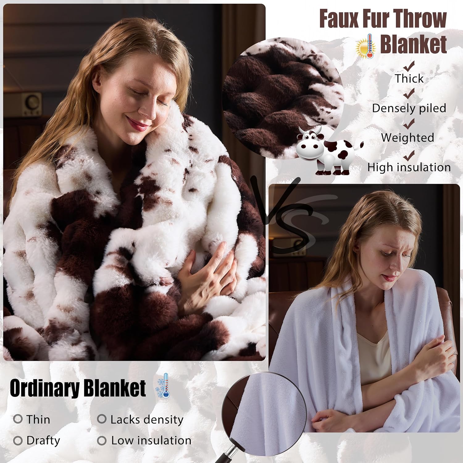 Faux Fur Throw Blanket for Couch, Fluffy Fuzzy Plush Bubble Blanket, Soft Warm Cozy Shaggy Rabbit Blanket, Luxury Decorative Gifts for Sofa Bedroom Living Room, 60x50inch (Cow Print-Brown) - Image 2