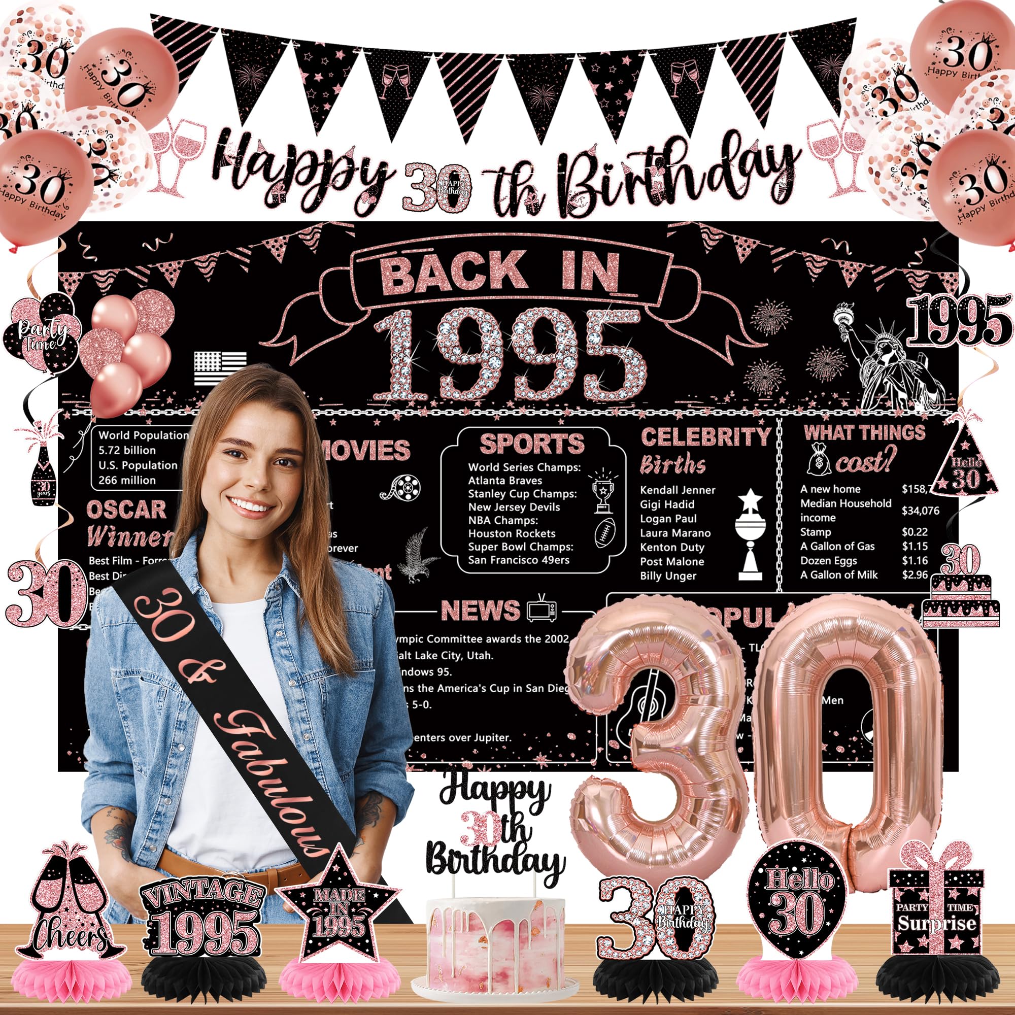 DARUNAXY 30th Birthday Party Decorations for Women, Rose Gold Back in 1995 Banner, Rose Gold 30 Number Balloons & Cake Topper, Vintage 1995 30 Birthday Honeycomb Hanging Swirl Confetti Balloons(28PC)