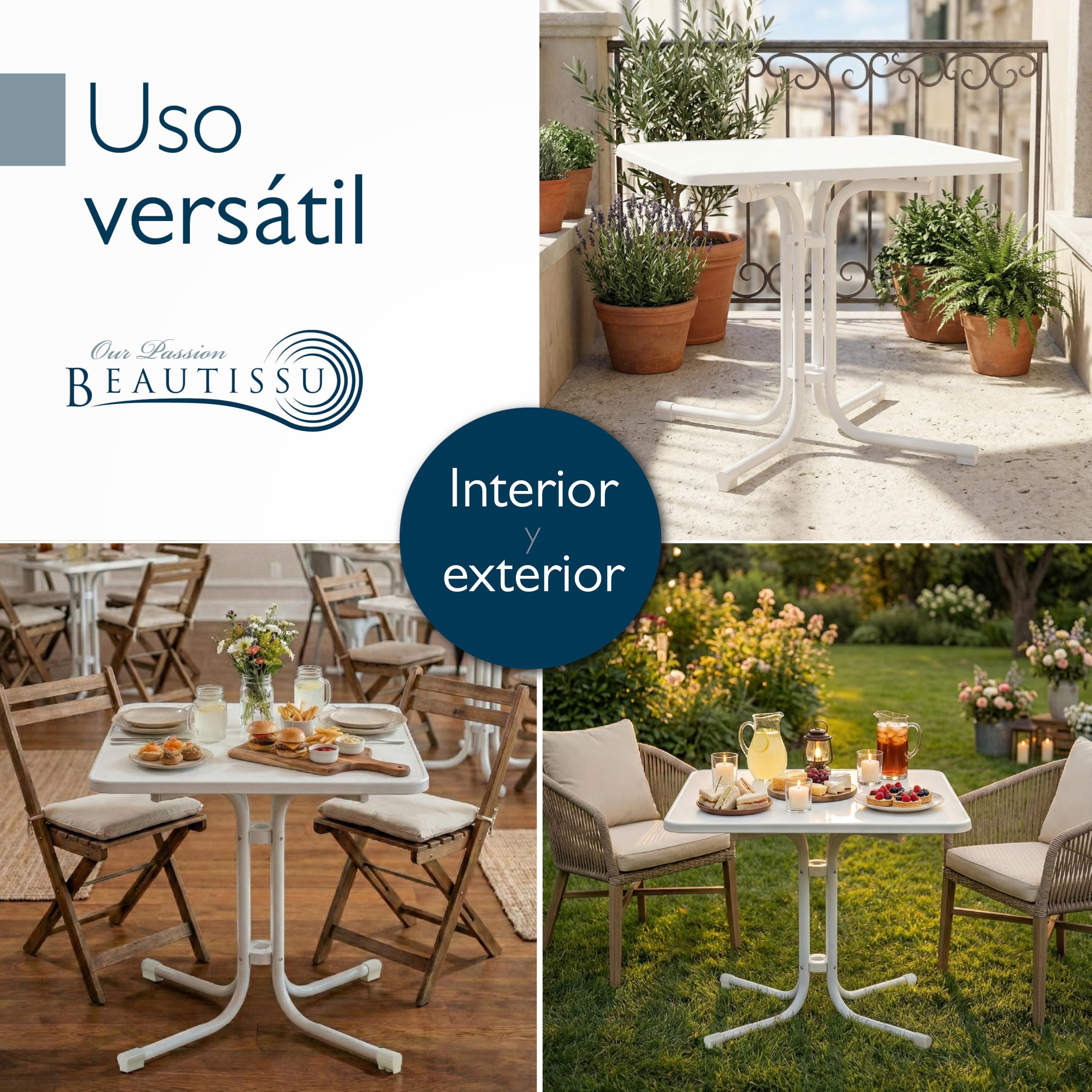 Beautissu Mesa Bistró Exterior 70x70 cm – Mesa Alta Cuadrada Plegable de Jardín, Terraza y Balcón – Mesa de Camping y Eventos Altura 70 cm – Blanca – Bistroni | 70x70cm blanco acero antioxidante para balcón jardín o terraza restaurante bar clima muebles r