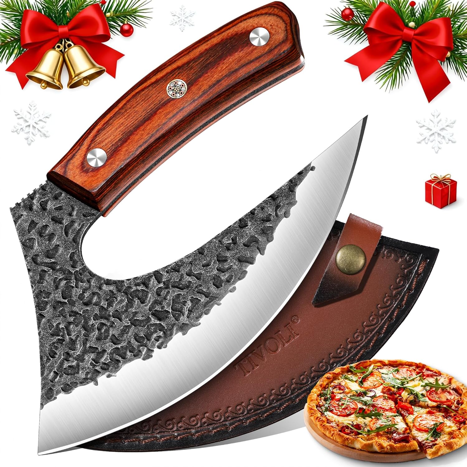 TIVOLI Ulu Knife with Sheath  Full Tang Rosewood Handle, Gift-Ready Box, Viking-Style Cleaver & Pizza Cutter for Meat, Herbs, and Outdoor Cooking A Christmas Gift for Men and Women