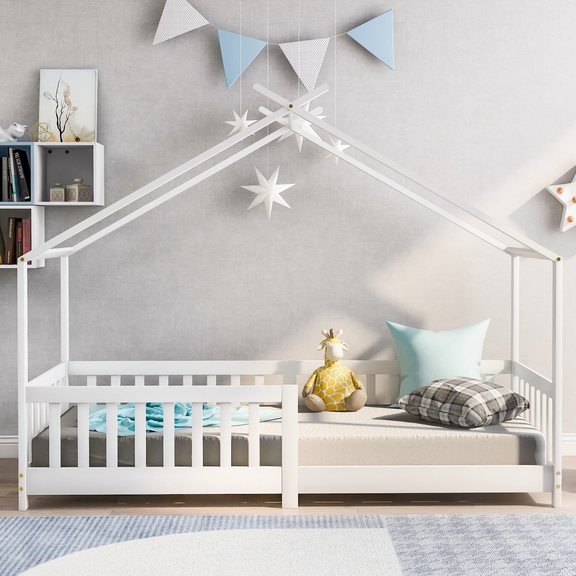 Moimhear Bellissimo letto per bambini, 200 x 90 cm, in legno massiccio con recinzione