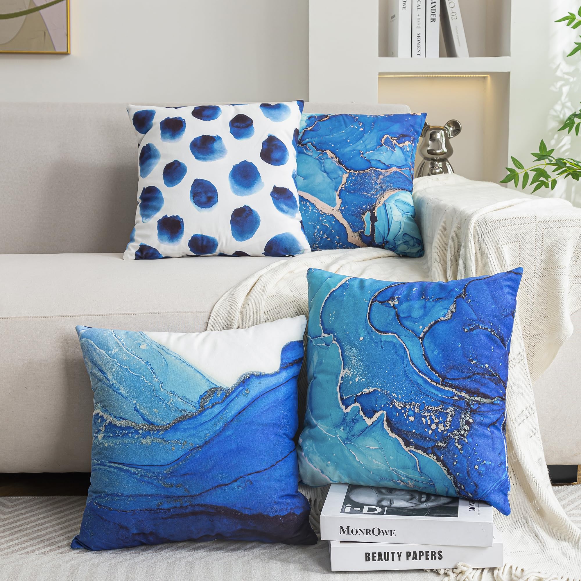 TOMMO Set of 4 Cushion Covers 45x45cm Navy Blue Marble Dots Sea Texture Abstract Fluid Gold Silver Pillow Covers Soft Velvet Home Decor Standard Square Cushion Covers 18x18 Inches - Image 3
