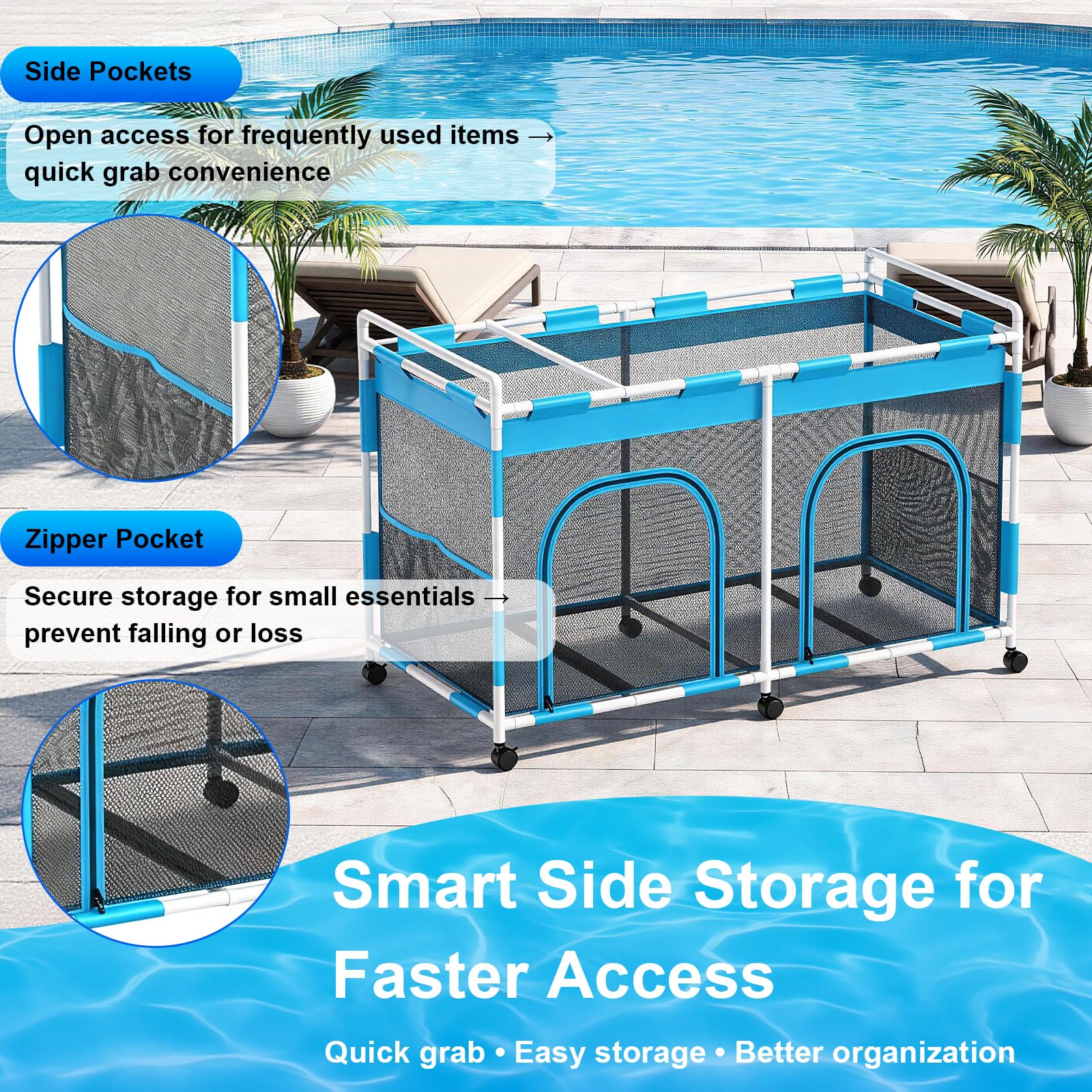 Upgrade - Carrito de almacenamiento para piscina con ruedas, 160 × 82 × 98 cm, organizador de malla para equipo de natación, fideos de piscina, juguetes y toallas, gran capacidad con asa y