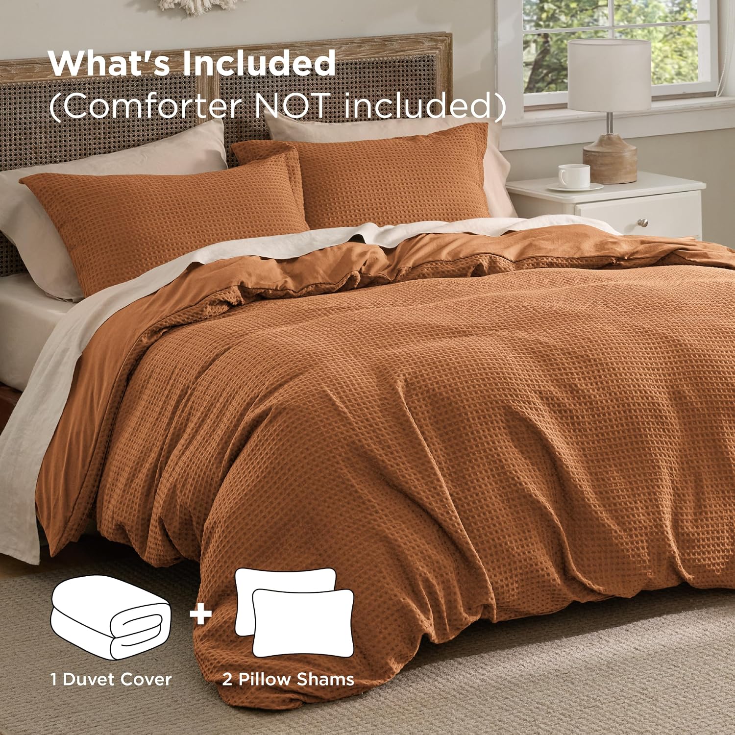 Bedsure Waffle Weave Duvet Cover Queen Size, Luxury, Soft & Breathable Comforter Cover for All Season, 3 Pieces Wrinkle-Resistant Zipper Bedding with 8 Corner Ties, Caramel Cafe