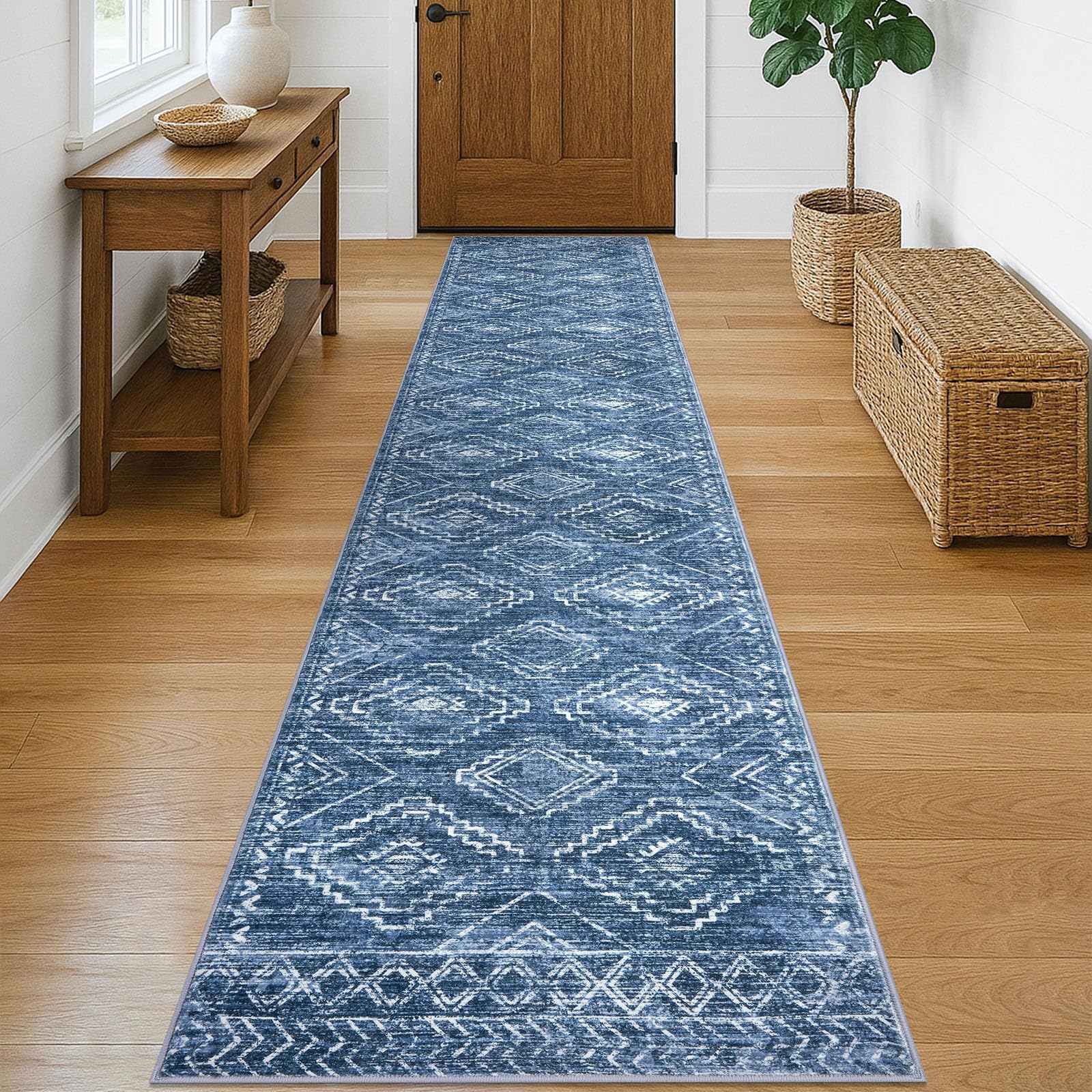 KILOCOCO Hallway Runner Rug 2x10 Runners for Hallways Washable Runner Rug Non Slip Rubber Backed Low-Pile Runners for Bedroom Kitchen Living Room Laundry Room Boho Rugs, Stonewashed Blue