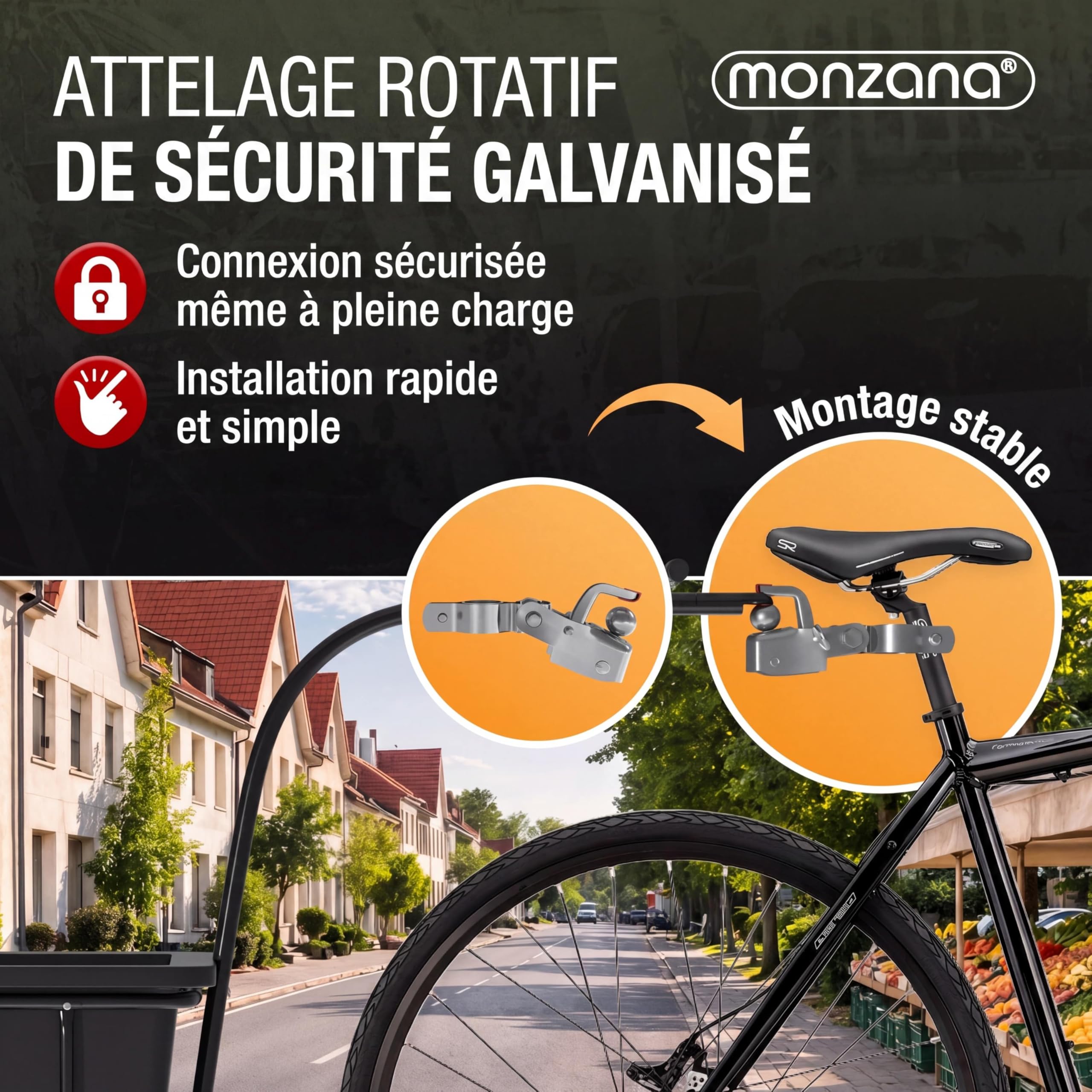 MONZANA Remorque Vélo Cuve 90L Amovible Bâche Barre Attelage Rotatif Réflecteurs Transport Chariot 80kg