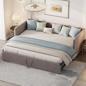 MISNODE Day Bed Extendable 90/180 x 200 cm, Sofa Bed Upholstered Bed Extendable with Guest Bed, Velvet Fabric Bed Extendable 