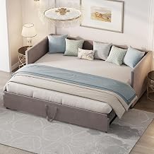 Extendable Day Bed 90/180 x 200 cm Sofa Bed Upholstered Bed Extendable with Guest Bed Velvet Fabric Bed Extendable to Double Bed Sofa Bed for Adults 2 People without Mattress Grey