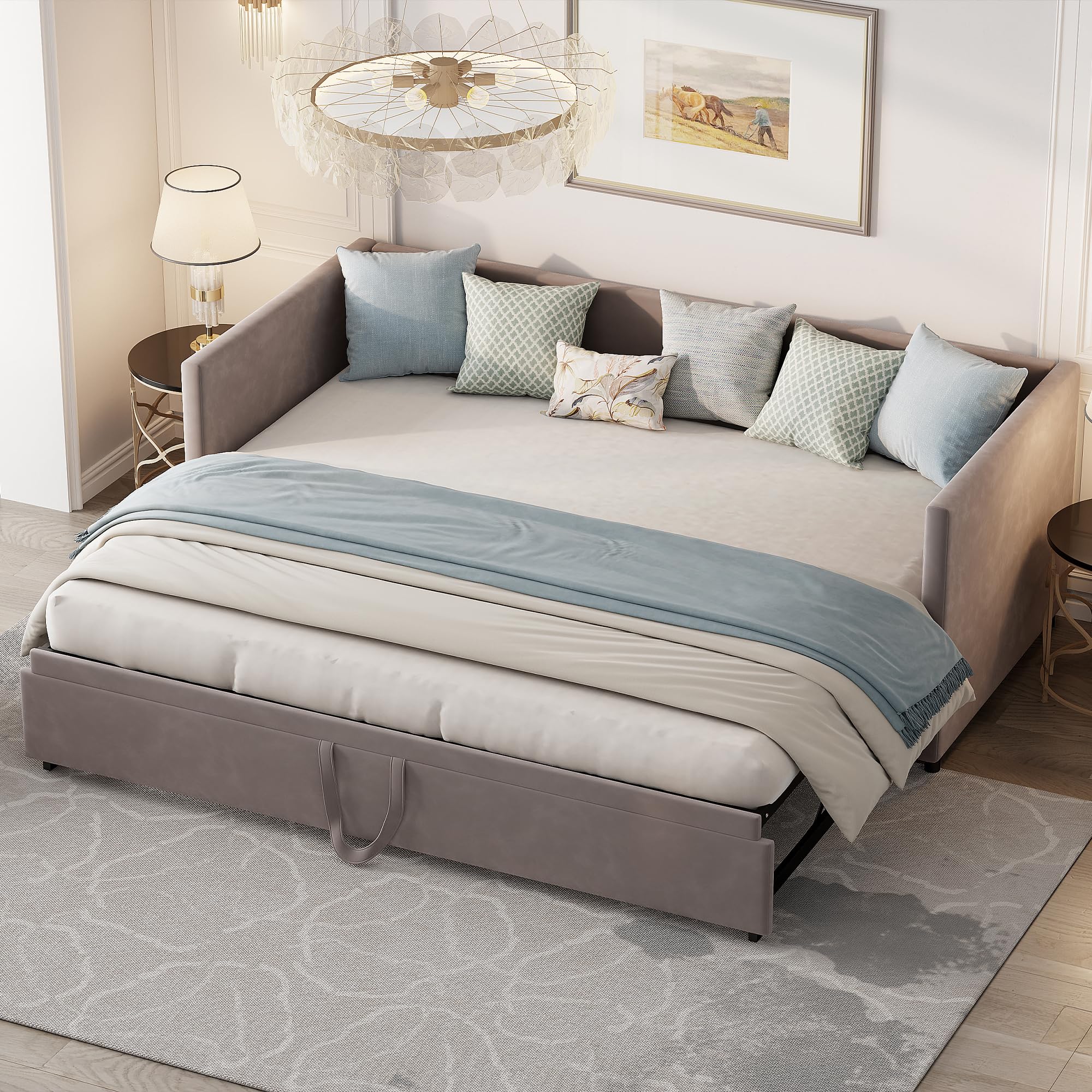 Tagesbett Ausziehbar 90/180x200 cm,Schlafcouch Polsterbett Ausziehbar mit Gästebett,Samtstoff Bett Ausziehbar zum Doppelbett,Schlafsofa für Erwachsene 2 Personen,ohne Matratze,Grau