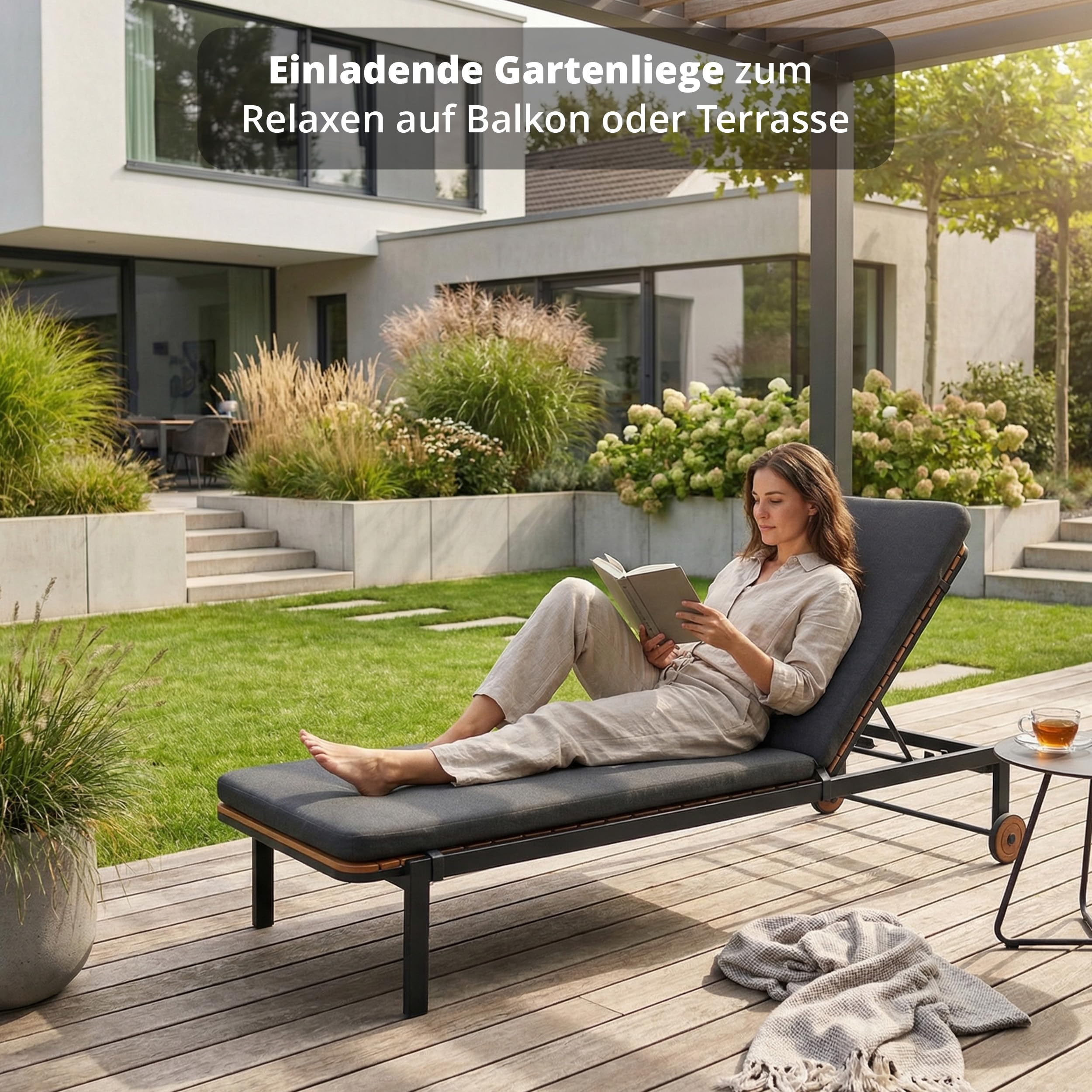 KHG Sdraio da giardino con cuscino, grigio scuro, con ruote, per balcone, terrazza o giardino, con schienale regolabile, struttura in alluminio, superficie di appoggio in acacia, resistente alle