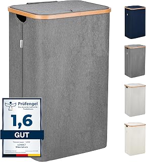 LONBET Wäschekorb mit Deckel 100L Groß - Stilvoller Wäschesammler Atmungsaktiv mit Stabilem Bambus-Rahmen - inklusive Herausnehmbarem Wäschesack Waschbar - Laundry Baskets Wasserdicht | Grau