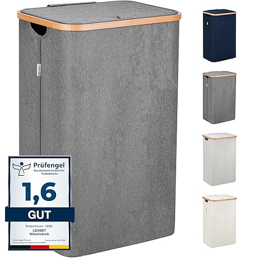 Lonbet - Wäschekorb mit Deckel Groß - XXL 100 Liter - Wäschekorb Holz Bambus - Wäschesammler Grau mit Griffen - Grey Laundry Basket - Laundry Hamper with Lid