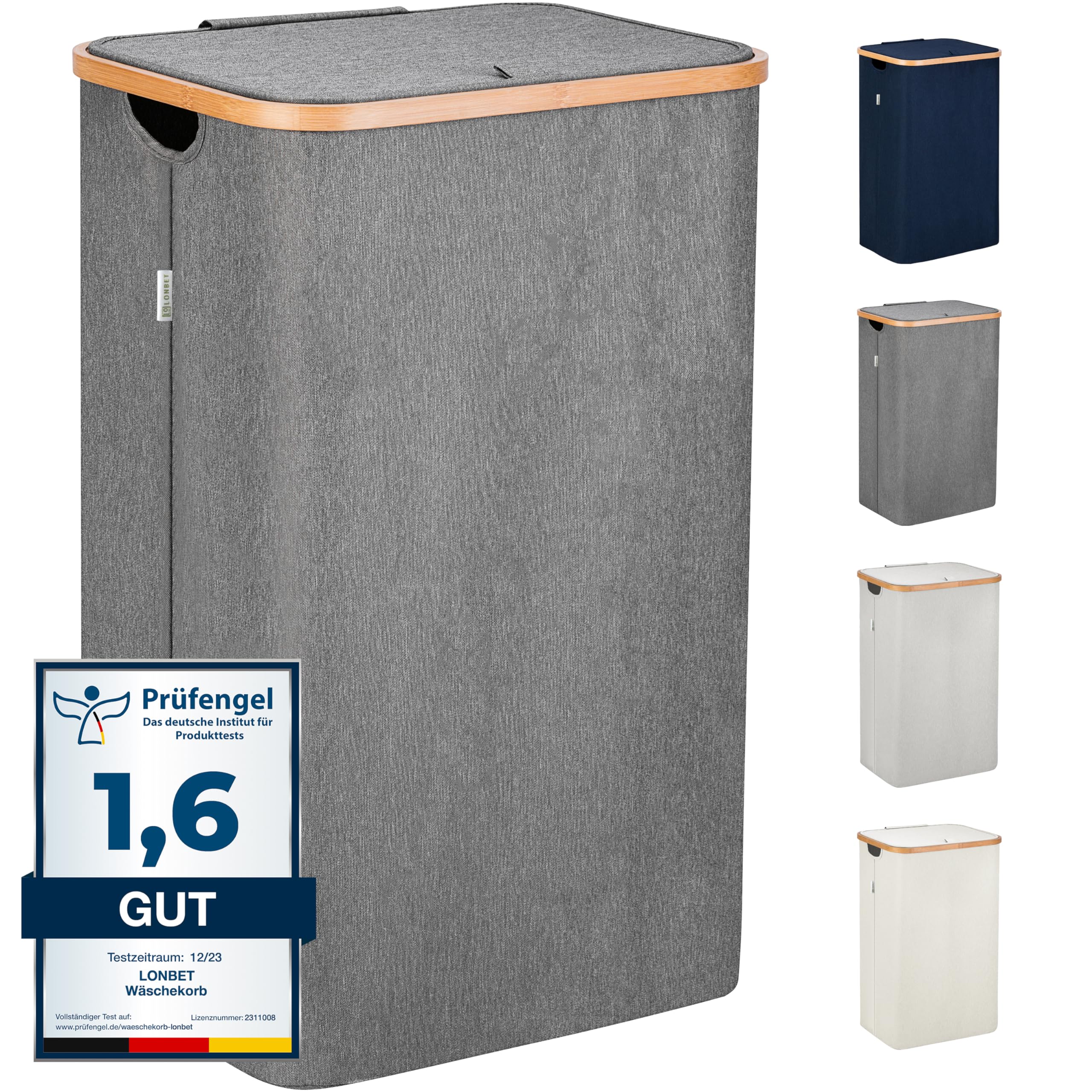 LONBET Wäschekorb mit Deckel 100L Groß - Stilvoller Wäschesammler Atmungsaktiv mit Stabilem Bambus-Rahmen - inklusive Herausnehmbarem Wäschesack Waschbar - Laundry Baskets Wasserdicht | Grau