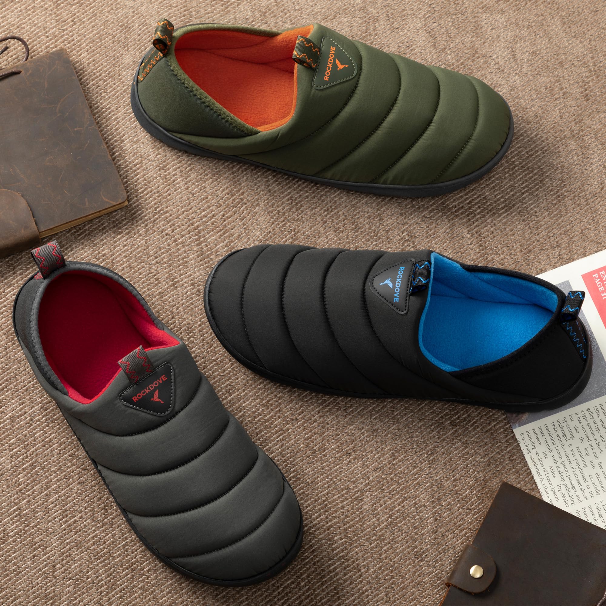 RockDove Pufflite - Pantuflas acolchadas de dos tonos para hombre con suela interior y exterior