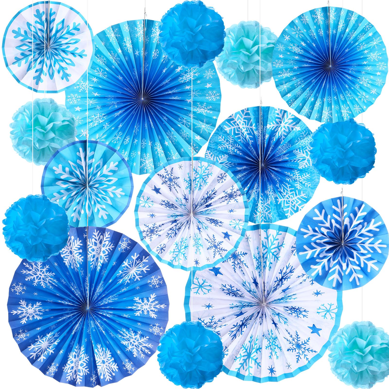 Outus 21 Pcs Winter Snowflakes Hanging Paper Fans Blue White Party Decor Christmas Classroom Decorations Winter Wonderland Garland Banner Tissue Paper Flowers for Birthday Ceiling Wall Decor