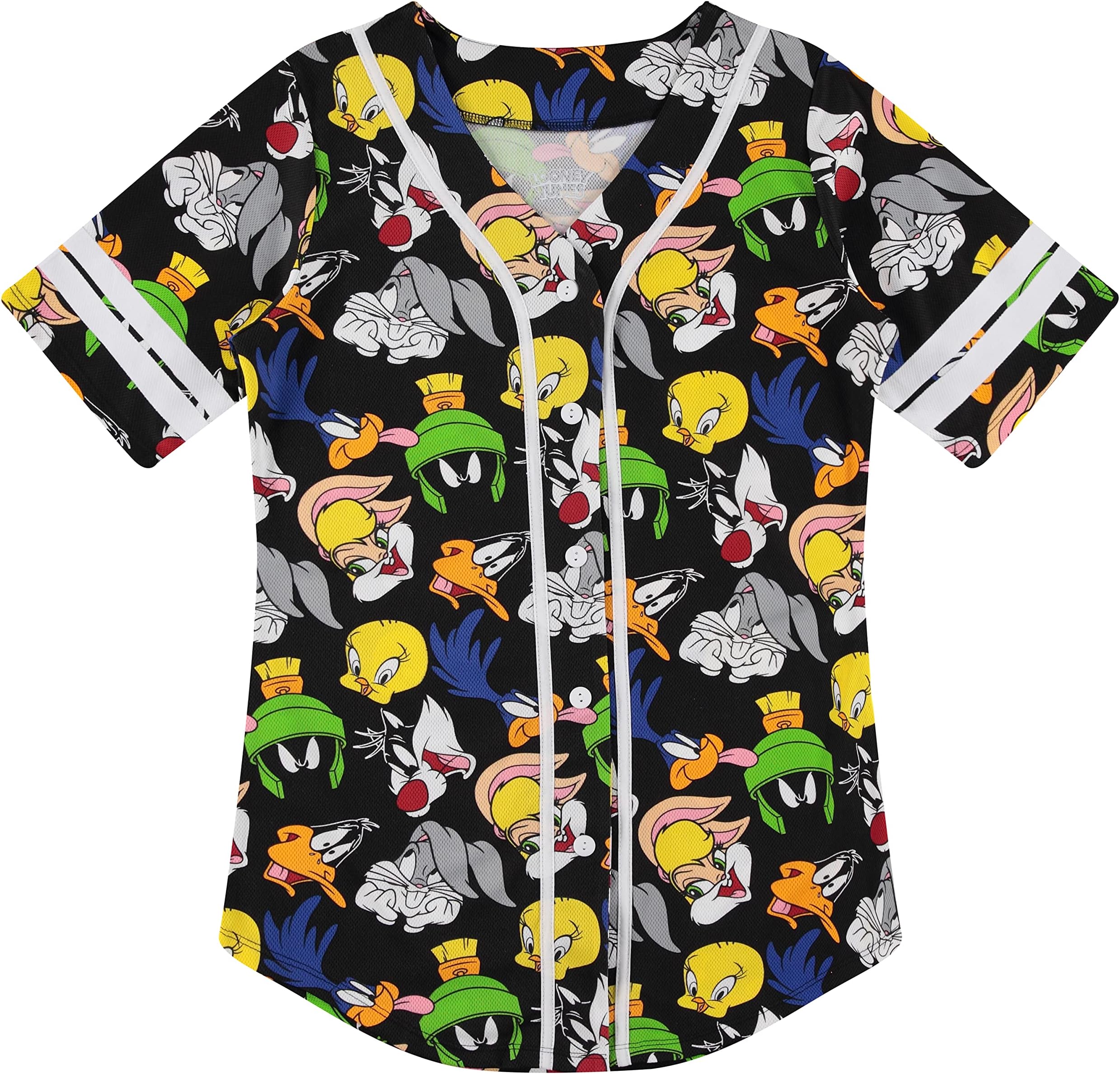 Ladies Baseball Jersey - Lola Bunny, Tweety, Bugs and Taz Mesh Button Down Baseball Jersey