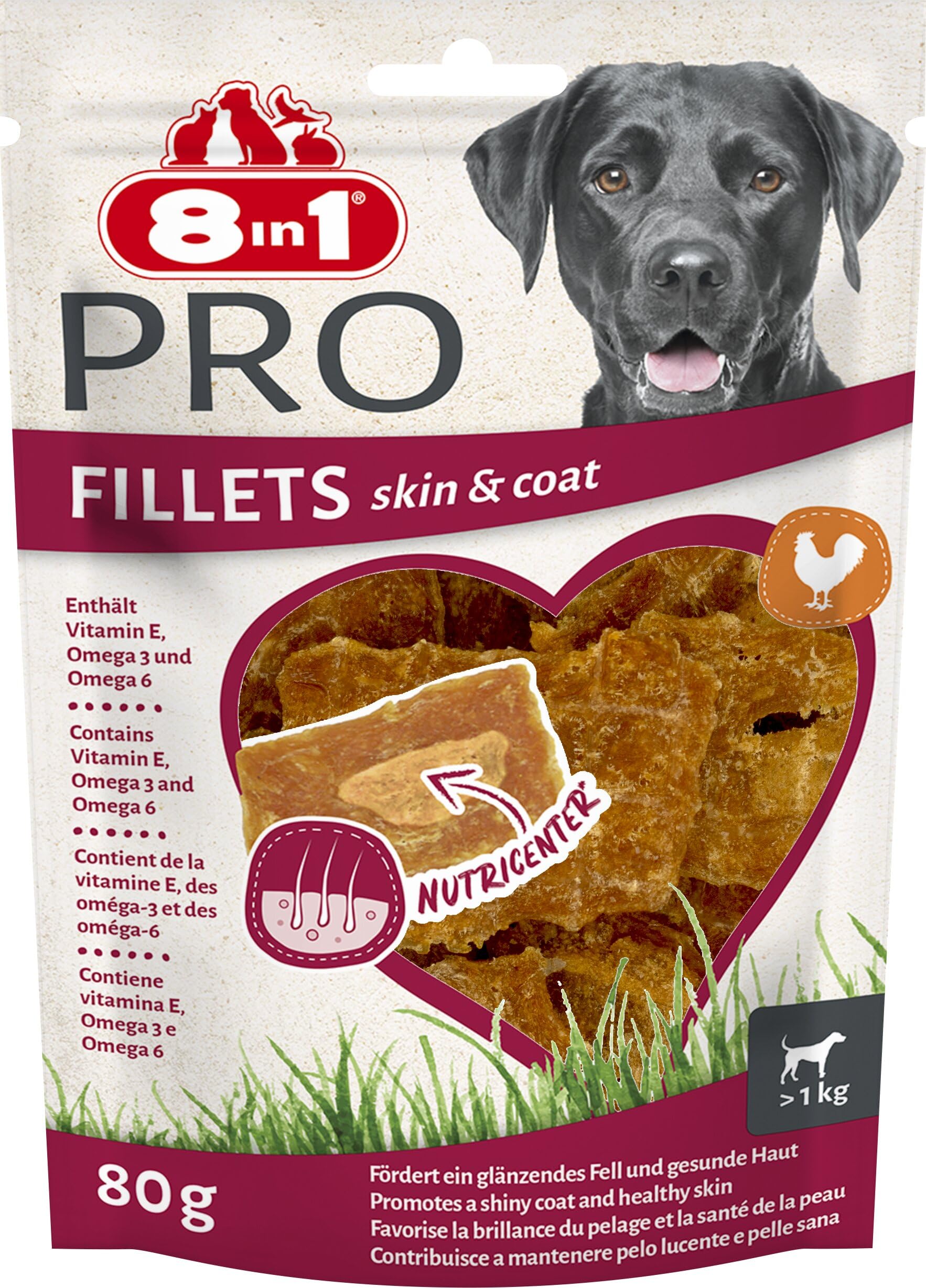 8in1 Pro Fillets Skin und Coat - Hunde-Snack mit Hähnchen, funktionale Leckerlis für ausgewachsene Hunde, angereichert mit Lachsöl, 80g Beutel