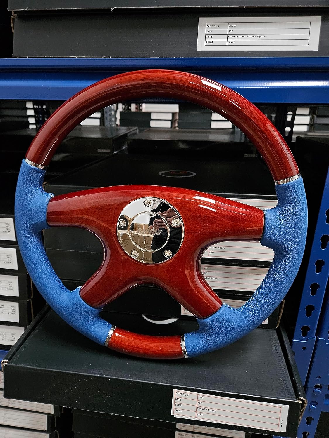 Raptor 15" Mahogany Wood & Blue Leather Steering Wheel image 2
