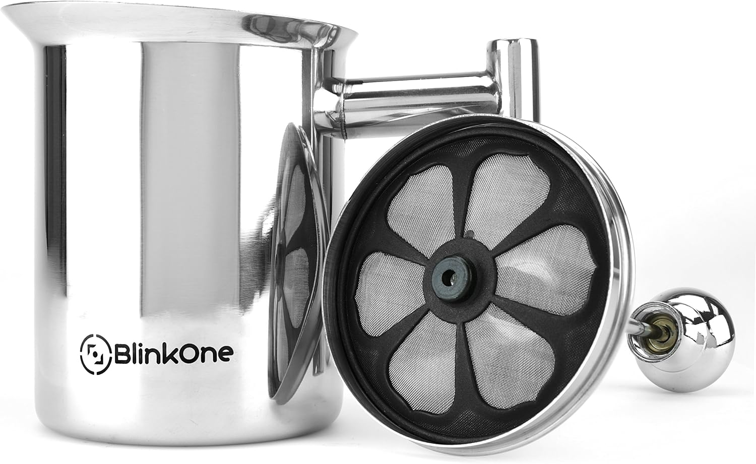 BlinkOne Milk Frother: Fine Mesh Manual Operated Hand Pump Foamer; Coffee Tea Friendly (14 Oz)