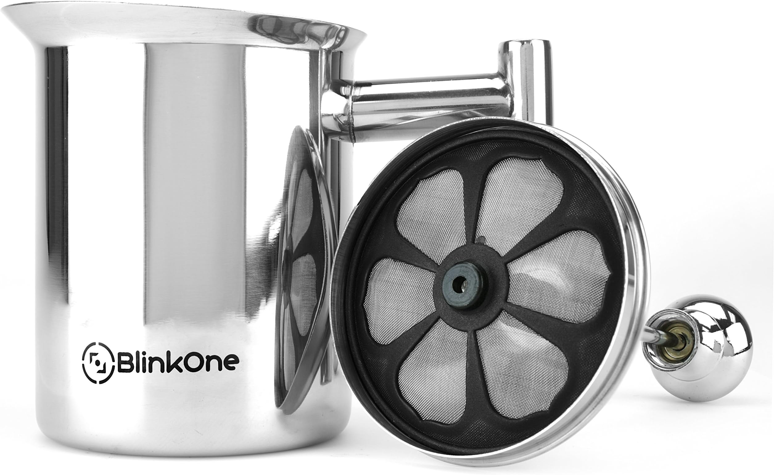 BlinkOne Milk Frother: Fine Mesh Manual Operated Hand Pump Foamer; Coffee Tea Friendly (14 Oz)