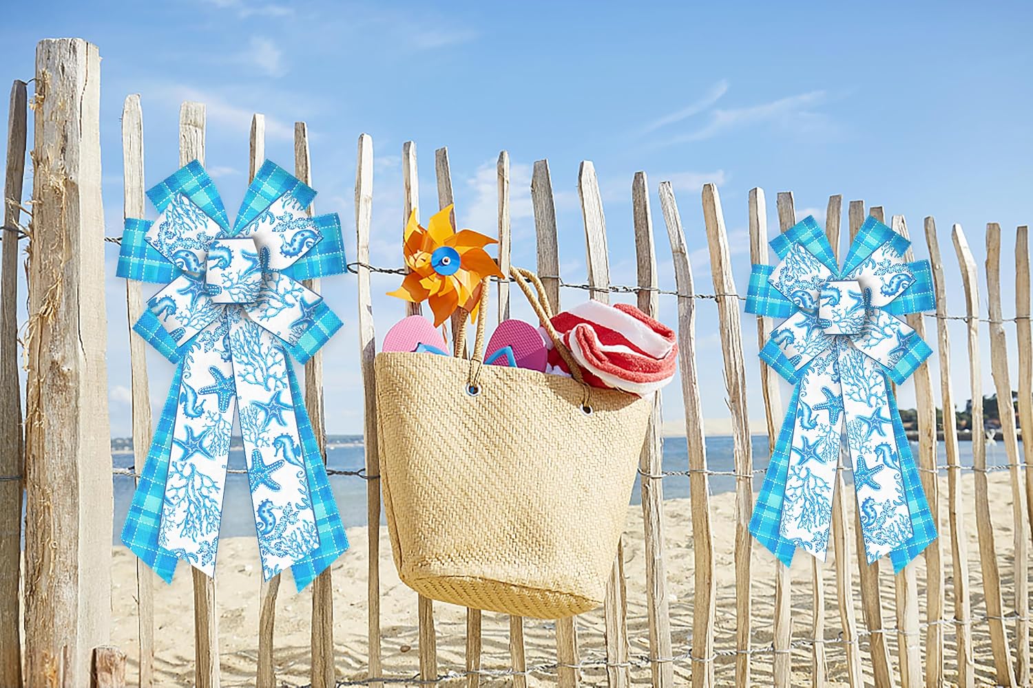 Large Summer Ocean Wreath Bows Linen Sea Bows Ocean Starfish Coral Blue Ribbon Decor for Summer Party Indoor Outdoor Tree Topper Wreath Decoration Supplies