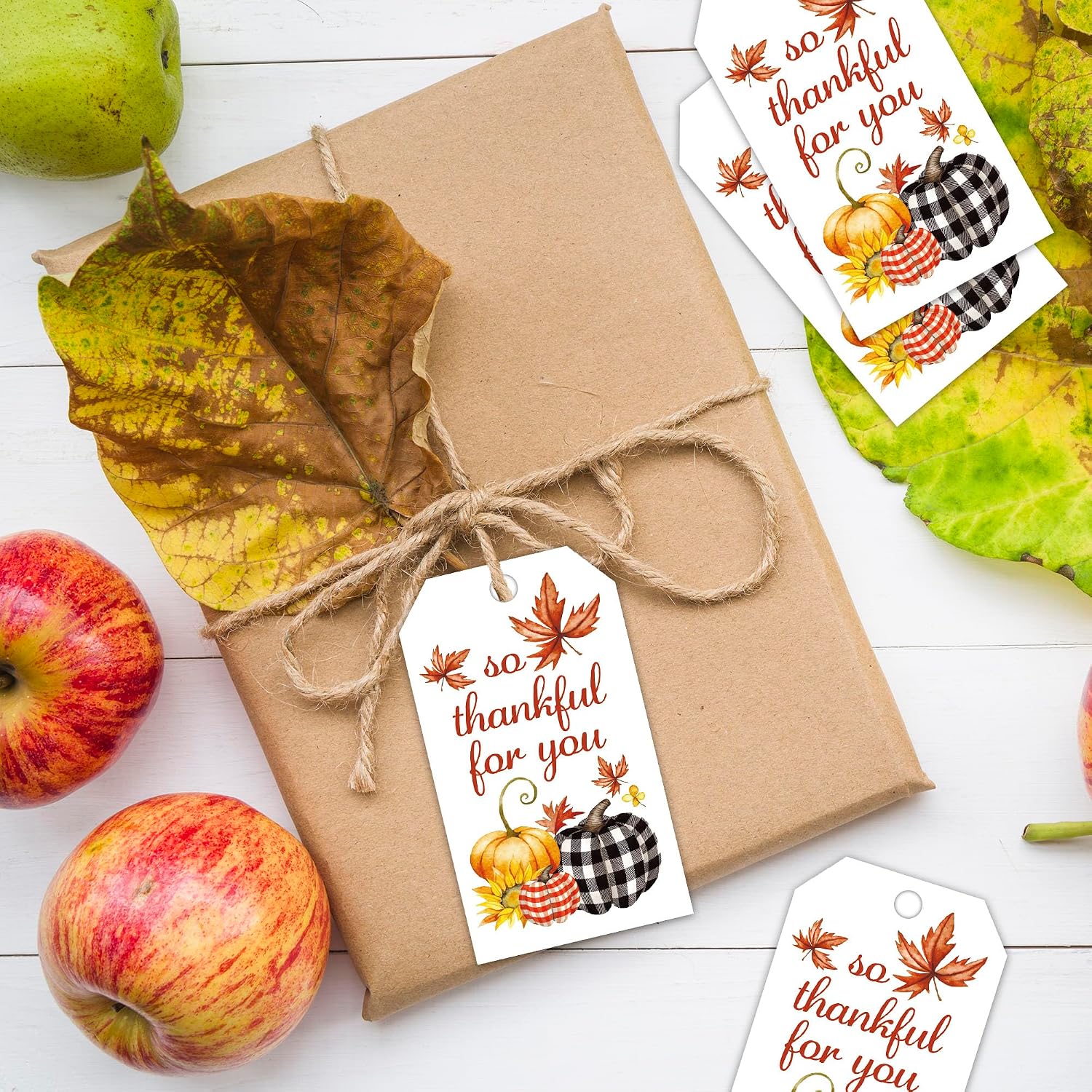 50Pcs Fall Gift Tags with String, Happy Thanksgiving Pumpkin Favors Tags | 2x3.5 Inch Writable Hanging Labels, Pumpkin Hanging Tags with String for Autumn Party Favors Present