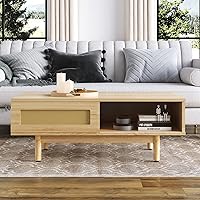 Vista 6 de Mesa de centro de ratán con puerta corredera, mesa de centro de madera para sala de estar, mesa de centro rectangular moderna de mediados de siglo