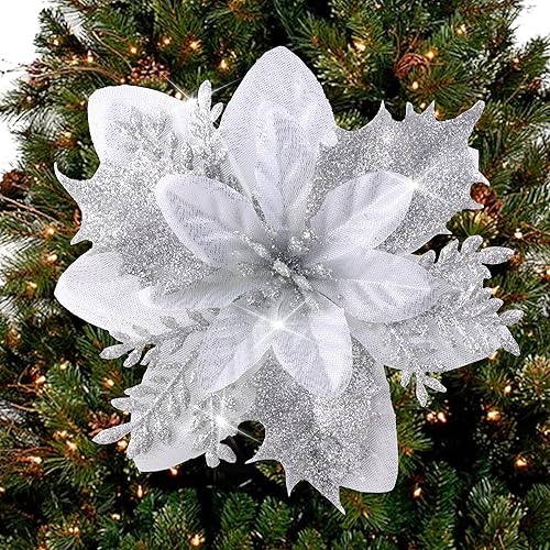 30 flores de Pascua artificiales con tallos y clips, adornos para árbol de Navidad con purpurina, decoraciones de flores de Navidad de 5.5 pulgadas