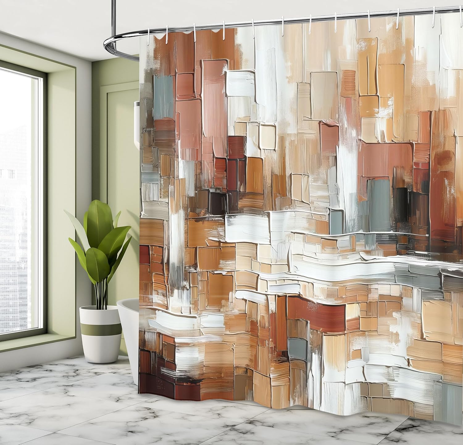 Ambesonne Brown Shower Curtain, Painting Style Abstract and Modern Art Brushstrokes Nude Warm Palette, Cloth Fabric Bathroom Decor Set with Hooks, 69" W x 84" L, Cinnamon Amber Blue Grey