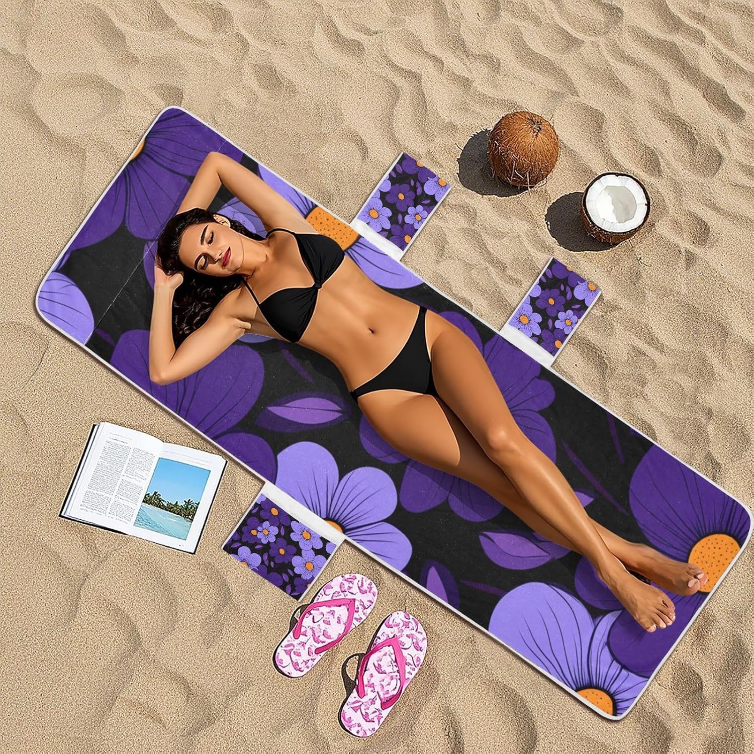 Simple Purple Flowers Black Background Patio Chaise Lounge Chair Cover Soft Polyester Outddor Beach Chair Cover with Pockets for Pool Sunbathing Beach Garden, 85" X 30"