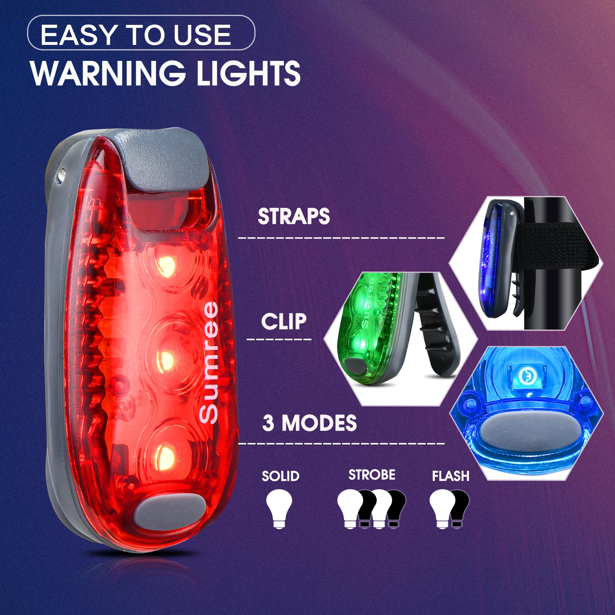 Lampes de sécurité LED (lot de 4). Lampes stroboscopiques et de course à clipser. Accessoires haute visibilité pour votre vélo, etc. Pour coureurs, vélo, marche, collier de chien, poussette
