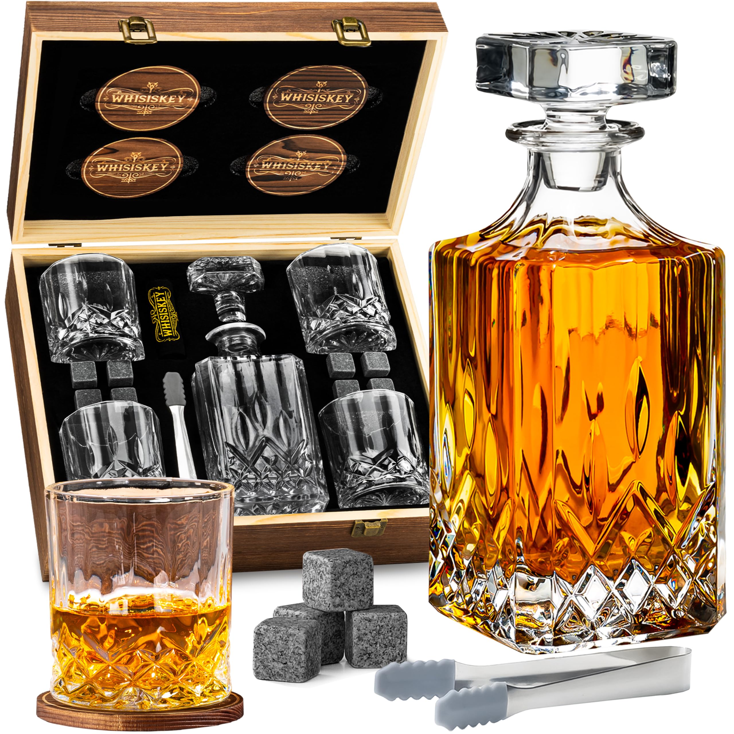 WHISISKEY - Whiskey Decanter Set - 700ML Classic Carafe - Whiskey Gift Sets for Men - Whisky Set - Glass Gifts for Men - Inc. 4 Whiskey Glasses, 8 Whiskey Stones, Accessories
