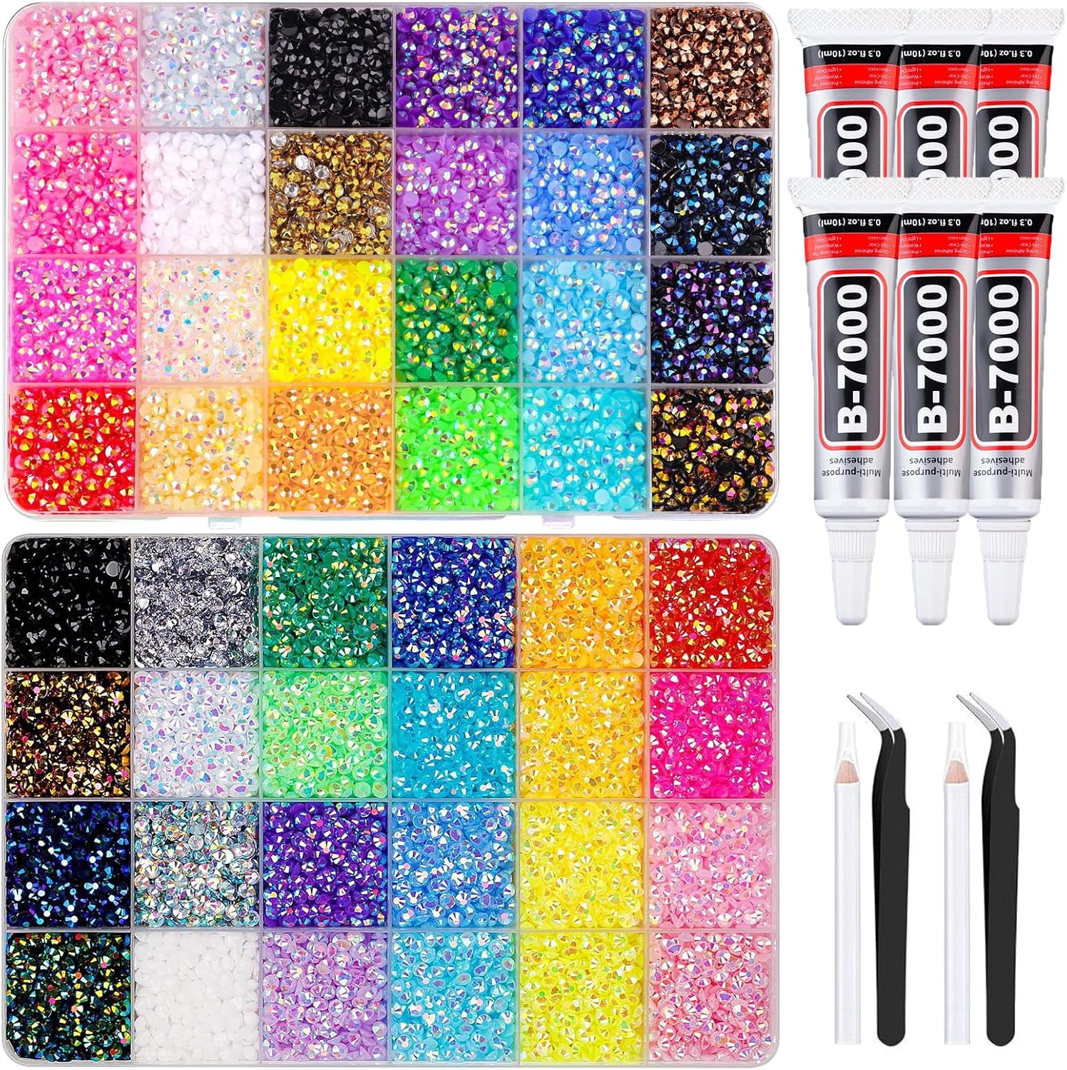 48000Pcs 48 Colors Resin Jelly Rhinestones for Bedazzling, 3mm Multicolor Diamond Gems for Bedazzling kit, Bedazzle kit with 6Pcs 10ml Glue for DIY Crafts Clothes Shoes Nail Diamond Art Makeup