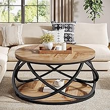 Tribesigns 2-Tier Round Coffee Table, 31.5" Circle Center Table, Wood Grain Accent Table with Storage Shelf and Cross Metal Frame for Living Room, Small Space, Rustic Brown, Wooden Grain