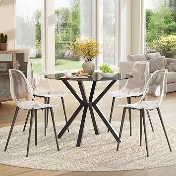 Baysitone Modern 5-Piece Dining Room Set, 35.4" Round Black Glass Table with 4 Clear Acrylic Chairs, Mid-Century Dining Set for Small Kitchen, Apartment, Breakfast NookBlack