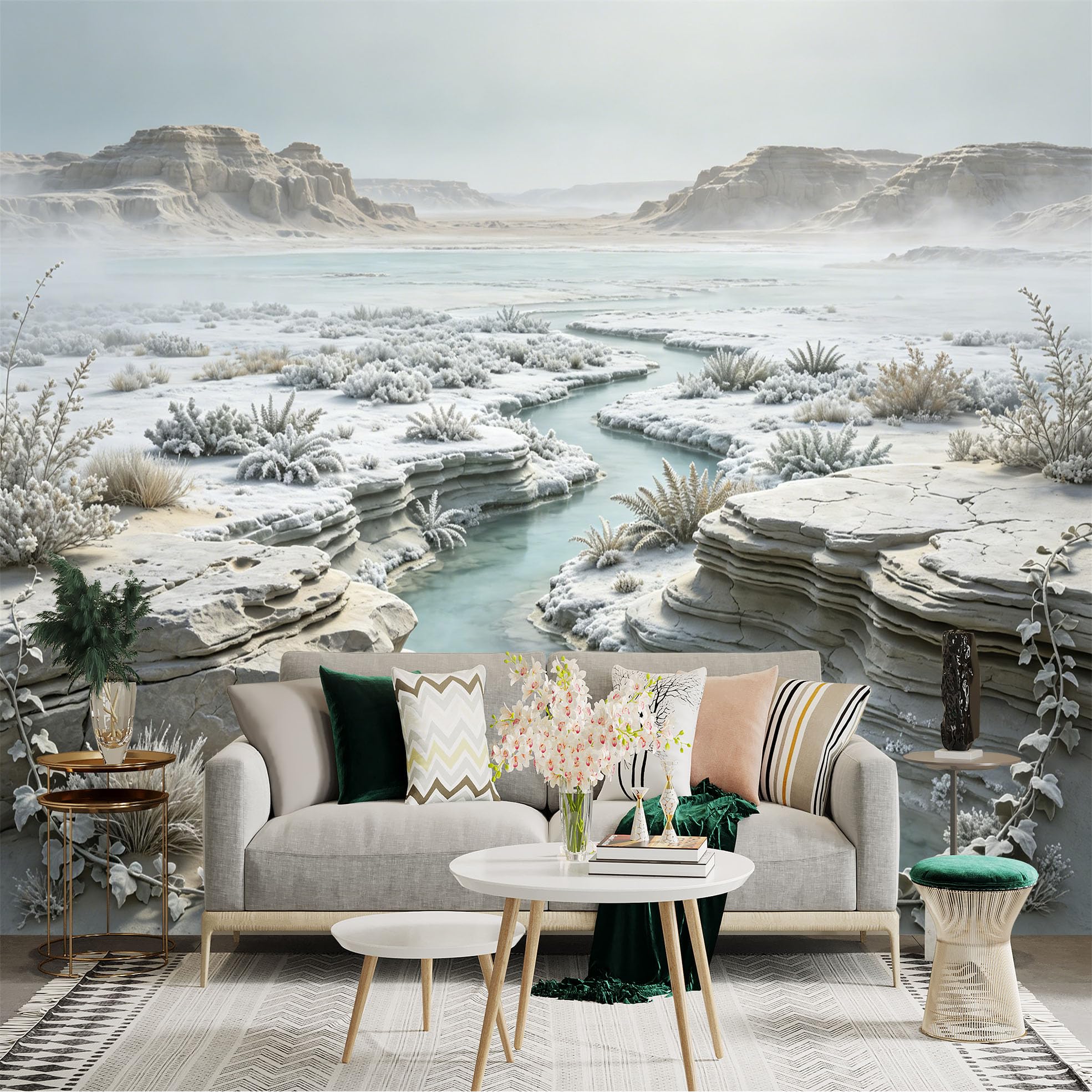 Custom Size Wall Sticker Mural， Frosted Canyon with River， Winter Desert Landscape and Snowy Plants， for wall Decoration， peelandstick wall Decals.