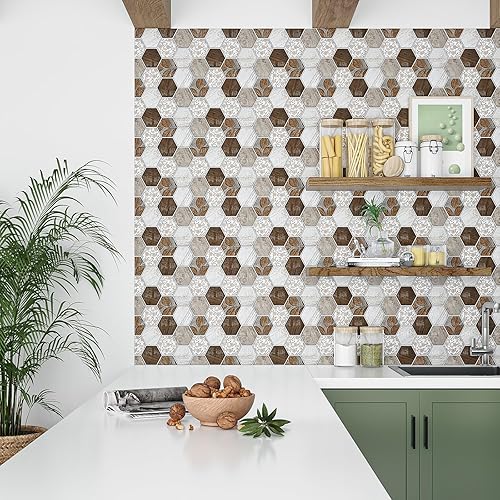Vista 6 de VEELIKE Calcomanías hexagonales bohemias para azulejos en muro, 6 hojas adhesivas impermeables para salpicaduras de muro para cocina, baño, 12 x 12