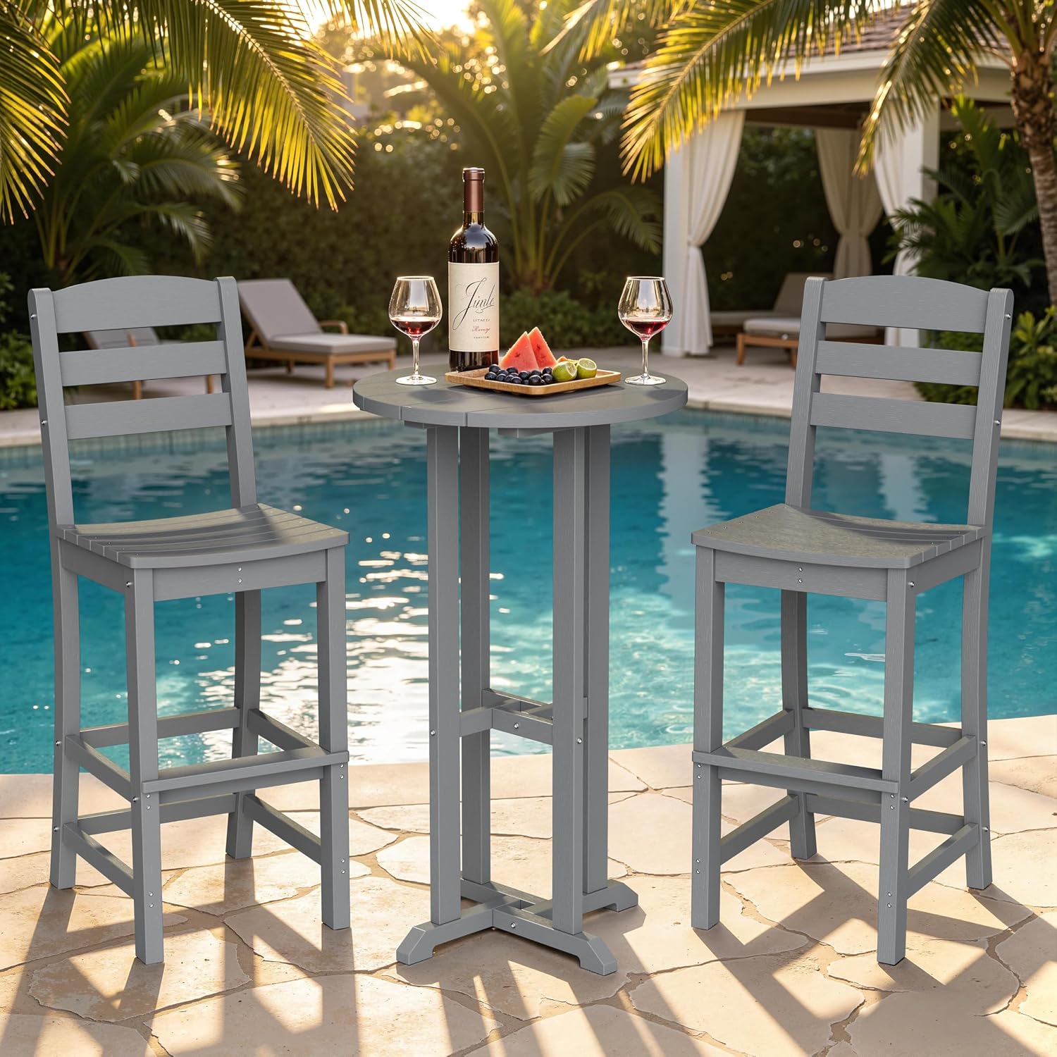 JY QAQA 3-Piece Adirondack Bar Height Patio Set, 2 All-Weather HDPE Chairs and 1 Round Table, Heavy-Duty with an Easy-Clean Surface, Outdoor Bistro Set for Balcony, Poolside or Backyard, Dark Gray