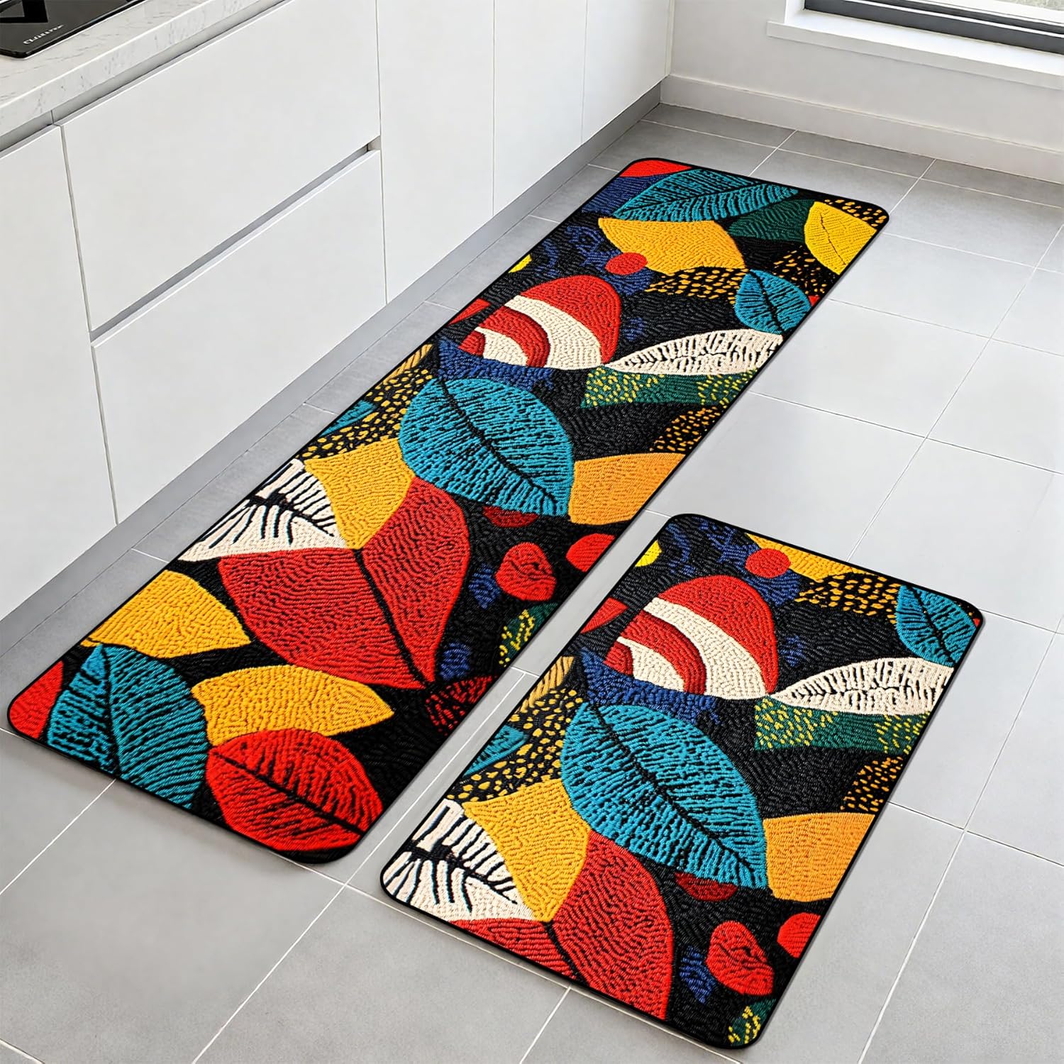 Kitchen Rugs Set of 2, Non-Slip Washable Floor Mats, Colorful Decorative Absorbent Runner Rugs for Kitchen Sink & Stove, Hallways Entryway and Laundry16.9 x27.6 + 16.9"x47.2"