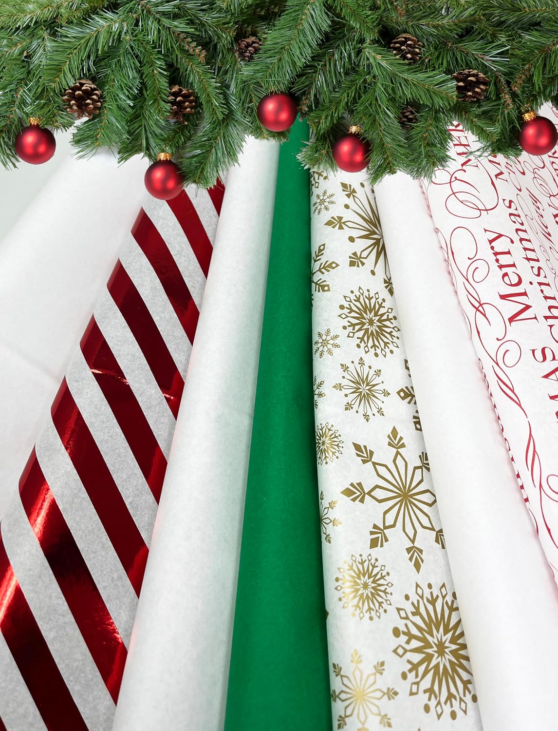 K-Kraft Christmas Tissue Paper for Gift Bags - Bulk Holiday Wrapping Paper - Hot-Stamped Printed and Solid - Red Foil Christmas Stripes Tissue Paper, 102 Sheets